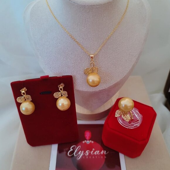 Golden Edison Pearl Jewelry Set (Earrings | Necklace | Ring) AAAA  w/Certificate - Picture 1 of 6